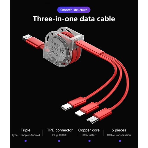 USB Fast Charge 3 In 1 Retractable Usb Cable 2. 4A 3-in-1 All In One Multi Charging Data Phone Cable 3in1