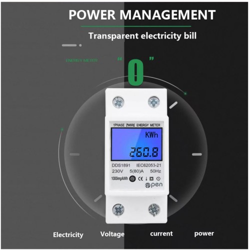 Energy Meter Digital Backlight Single Phase Power Consumption Meter Wattmeter Din Rail Electric AC 220V 80A-3