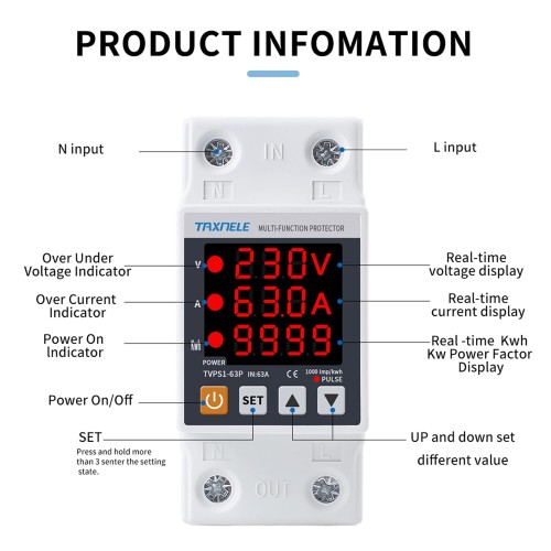 63A 230V 3 IN1 Display Din rail adjustable over under voltage surge protector relay over current protect Kwh Power WATT Hours.-3