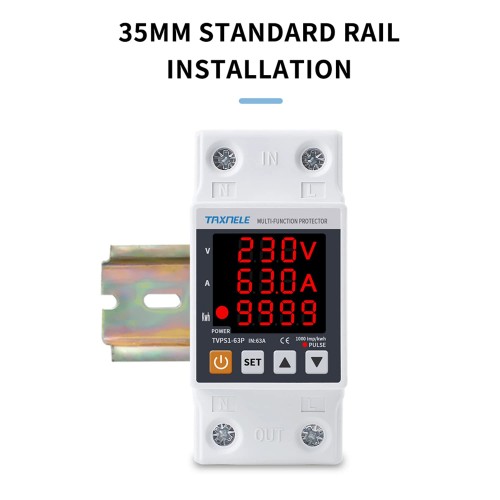 63A 230V 3 IN1 Display Din rail adjustable over under voltage surge protector relay over current protect Kwh Power WATT Hours.-1