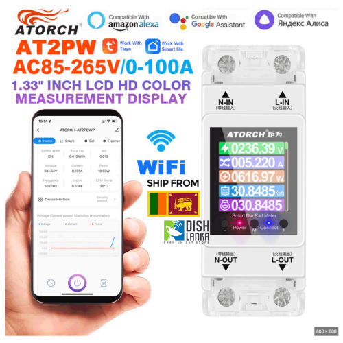 Atorch Energy Meter Smart Switch Digital Volt Amp Kwh Frequency Factor Meter Remote Control AT2PW 100A Tuya WiFi Din Rail AC 220V 110V 