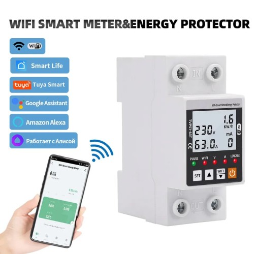 WIFI Smart Switch Trip Switch Smart Life Energy Meter Kwh Metering Circuit Breaker Timer with Voltage Current and Leakage Protection 1P+N 63A